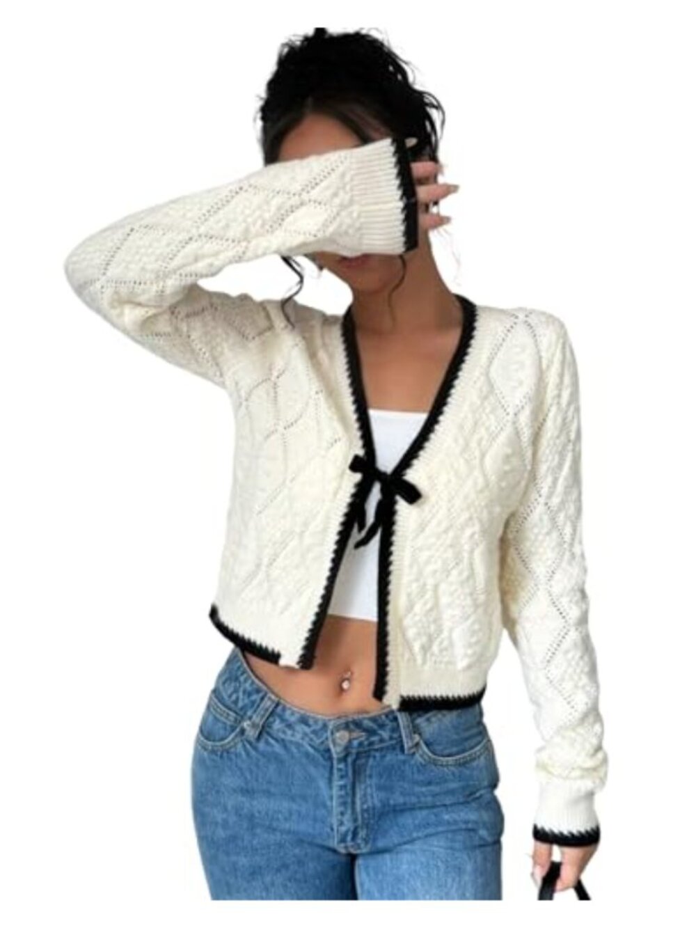 Tie Front Cardigan Cable Knit Bow Sweater Loose Open Front